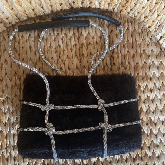 New Rhinestone & Black Faux Fur Mini Handbag - Picture 1 of 12